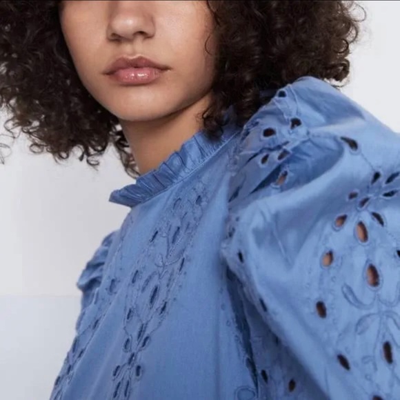 ZARA eyelet puff long sleeve mini dress size small - Picture 3 of 11